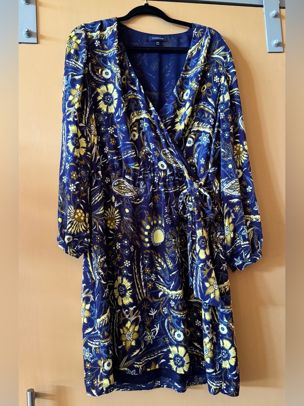 Lands' End Navy Paisley Long Sleeve Faux Wrap Dress Plus 18W Office Business Wor